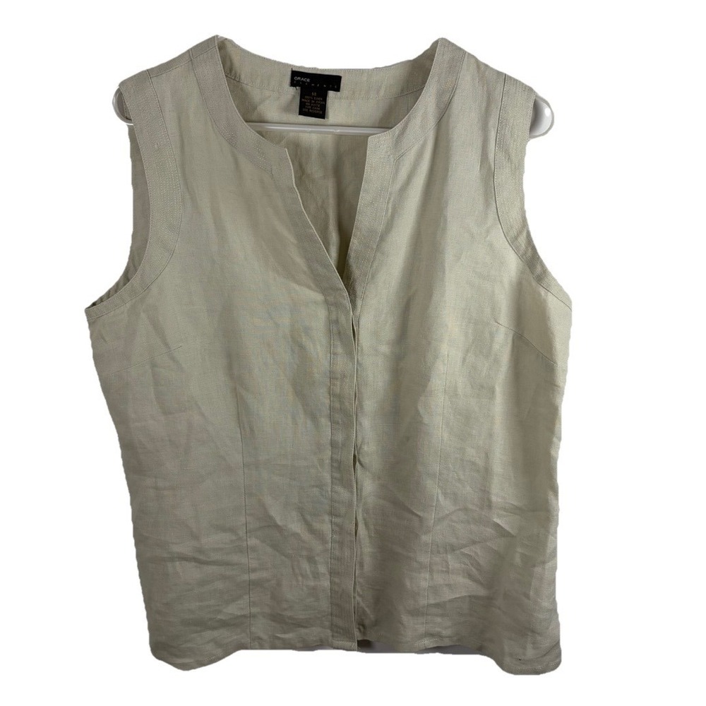 Grace Elements Tan Beige 100% Linen‎ Shell Tank Sleeveless Resort Beachy Coastal
